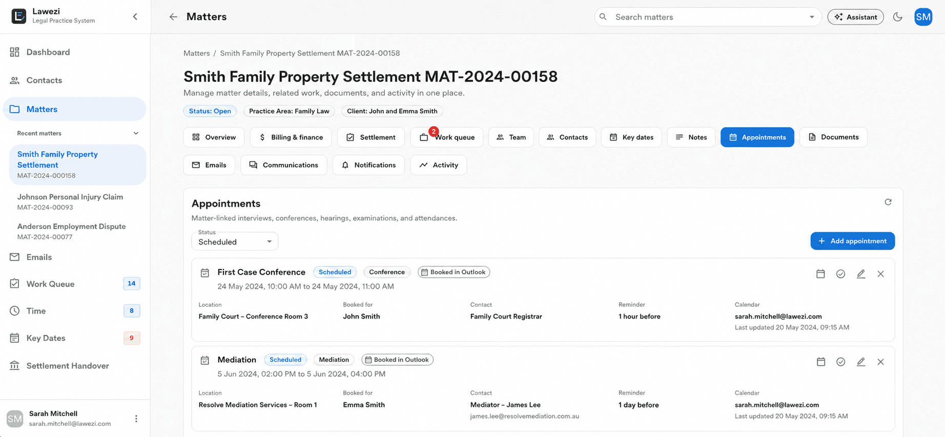 Lawezi matter appointments page showing hearings, calls, meetings, and scheduled matters.