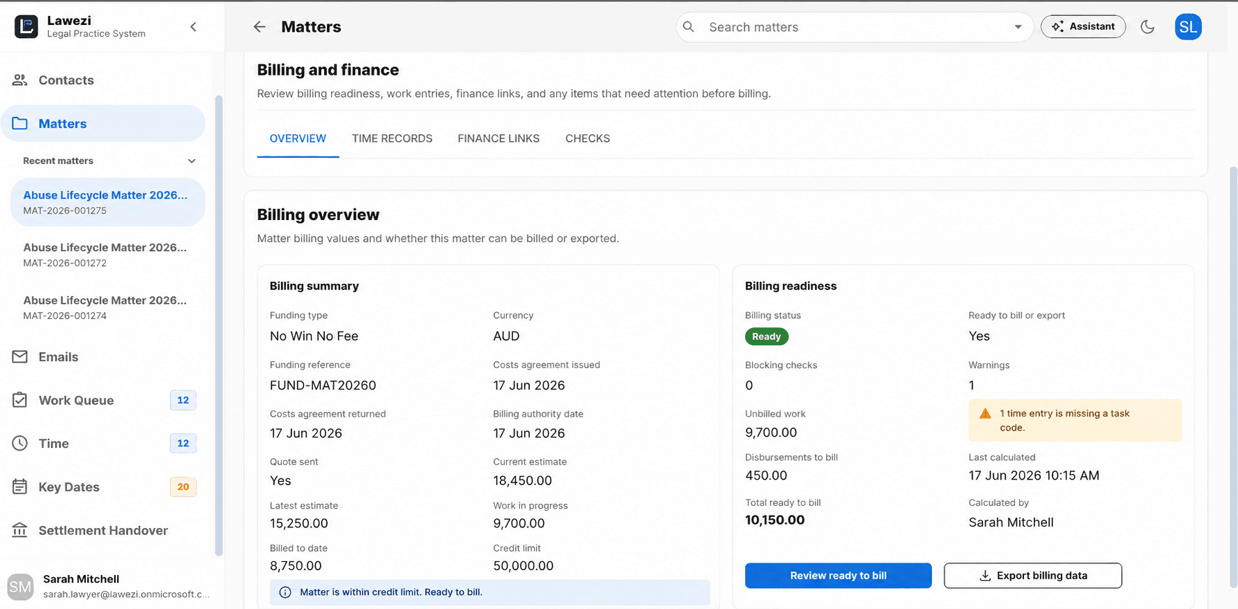 Lawezi matter billing overview showing work entries, billing status, and finance references.