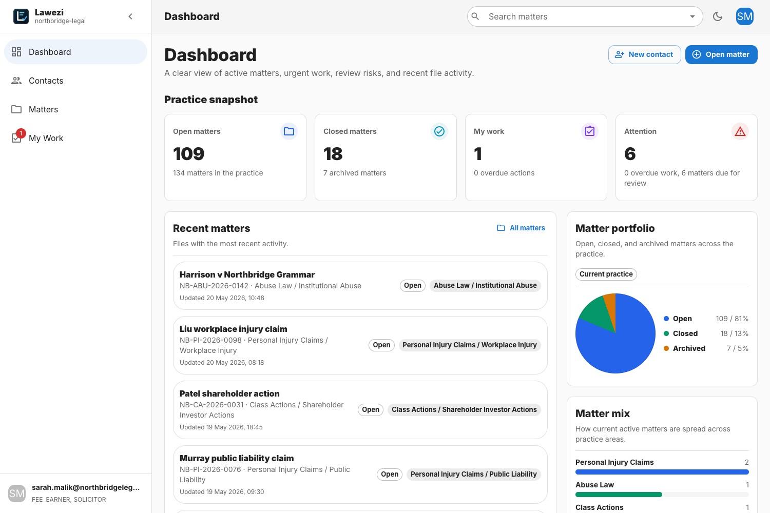 Lawezi dashboard with matter portfolio and risk signals.