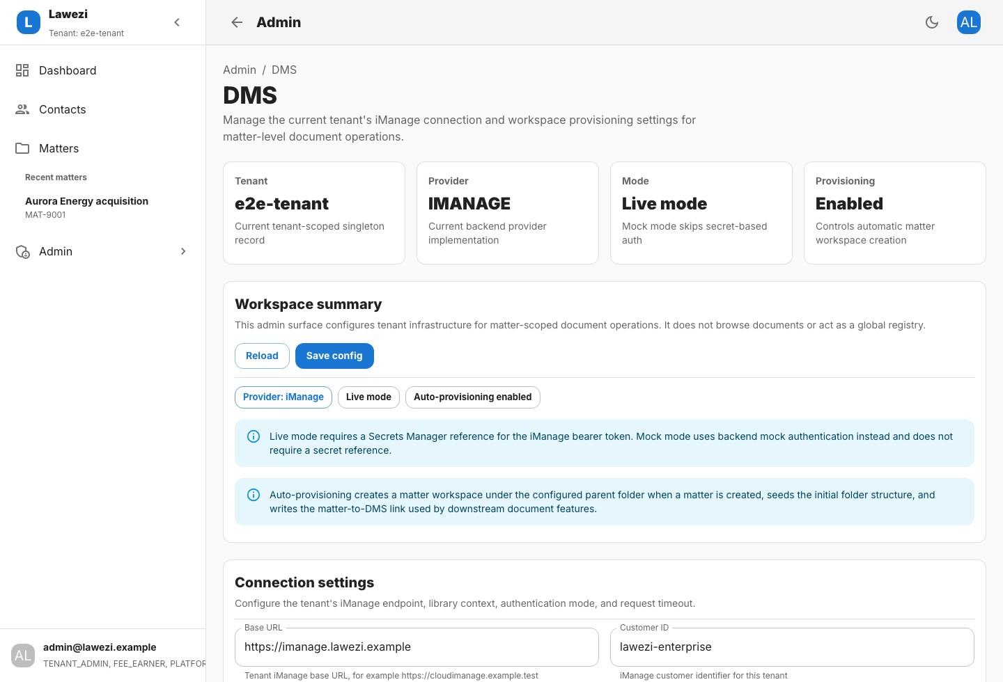 Lawezi document and DMS administration screen showing provider configuration.