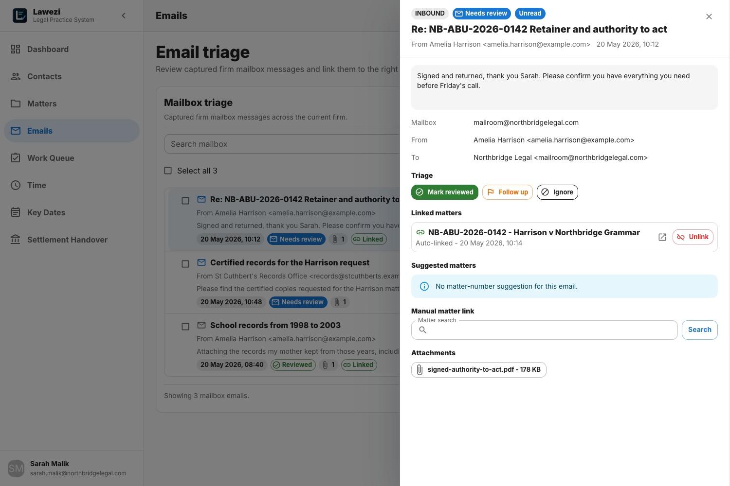 Lawezi captured email open in triage showing the matter it auto-linked to by matter number.
