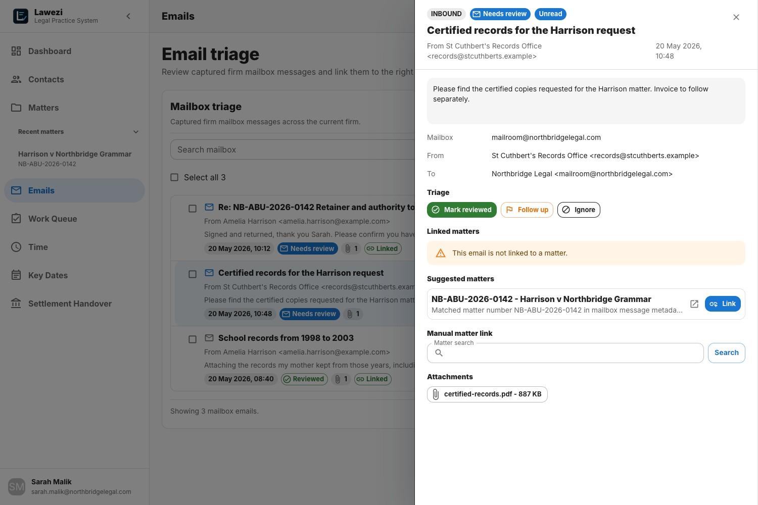 Lawezi email triage drawer showing a suggested matter with a one-click link action.
