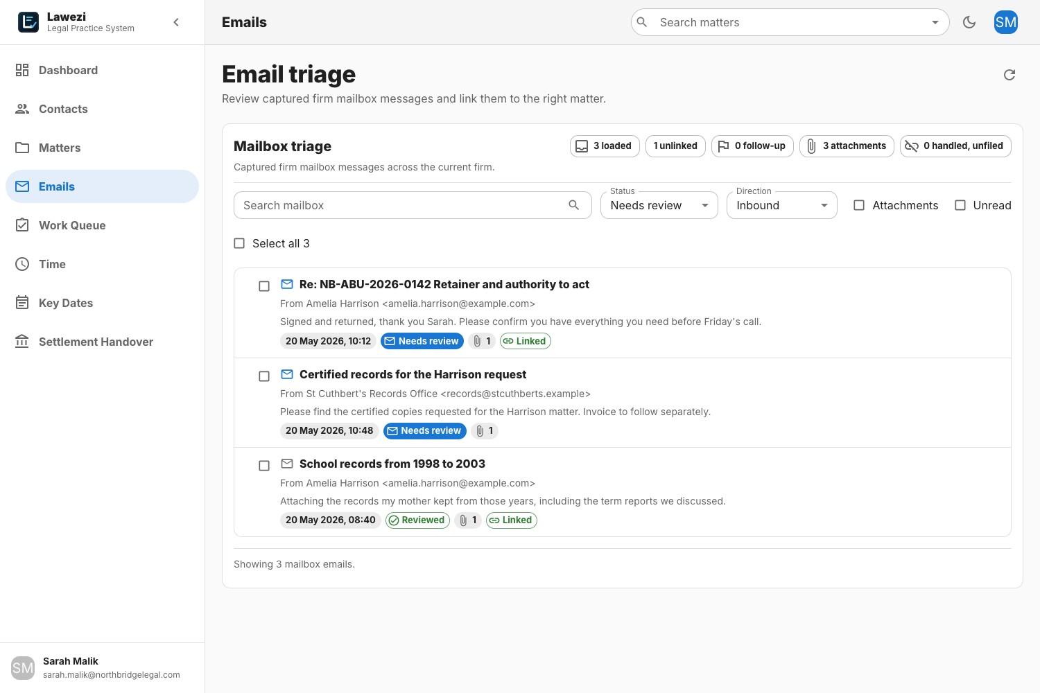Lawezi firm email triage queue with filters, summary chips, and bulk selection.