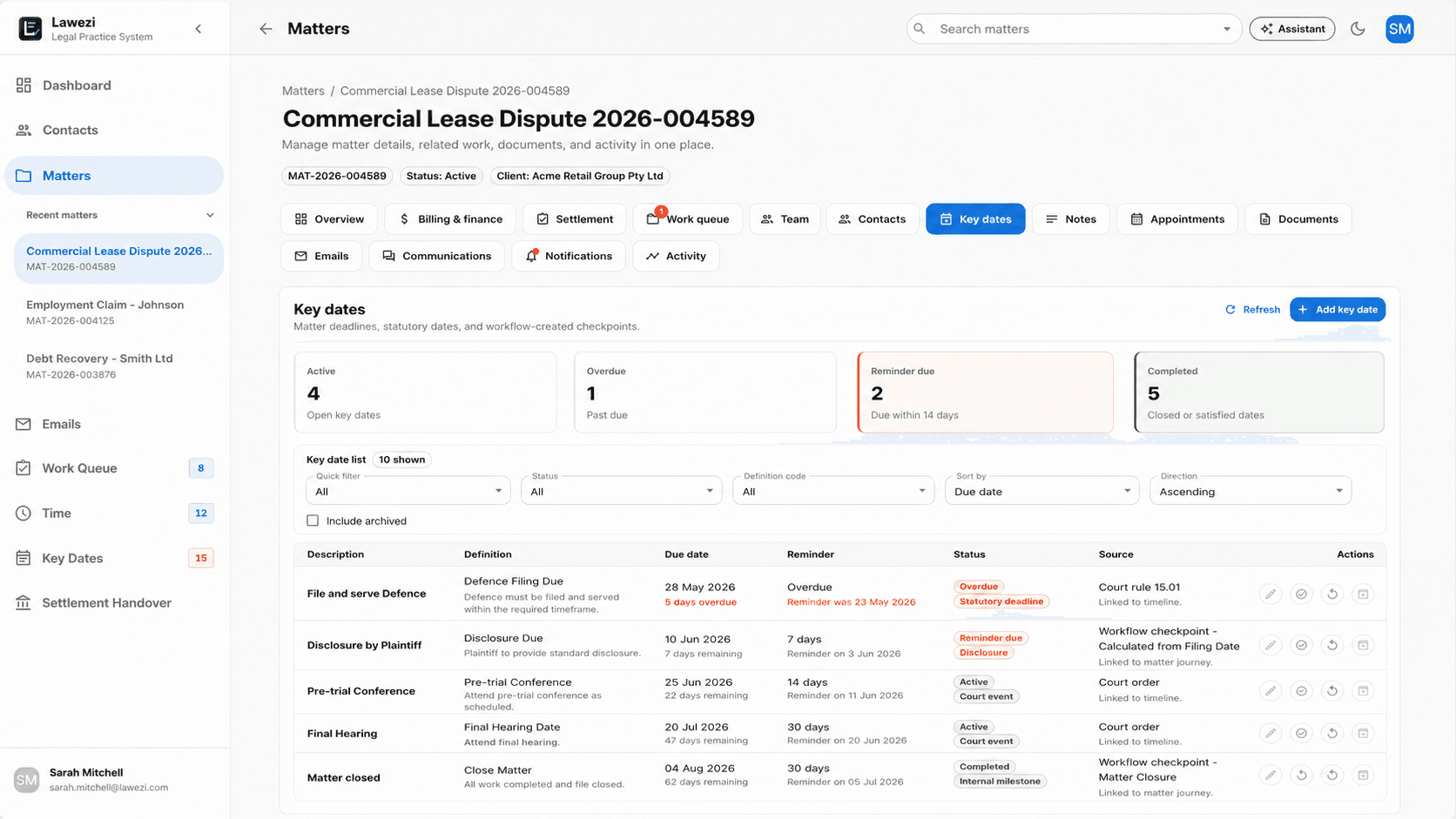 Lawezi matter key dates page showing deadlines, reminders, and matter date tracking.
