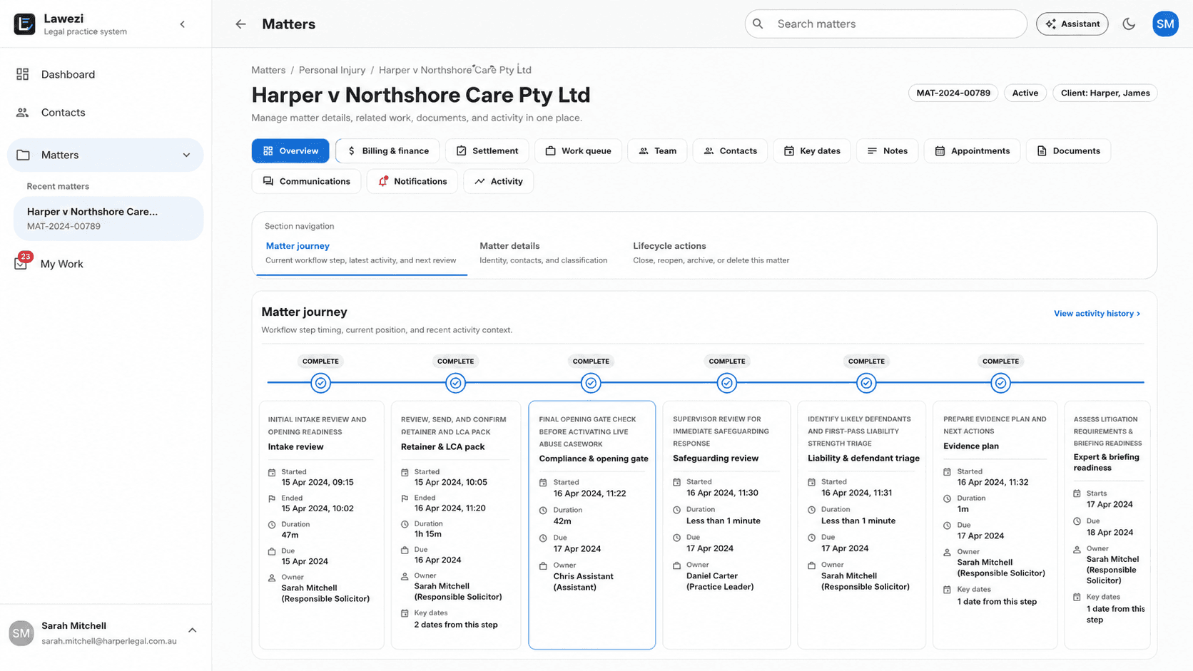Lawezi light mode matter workspace showing the matter journey, work queue, documents, and matter activity.