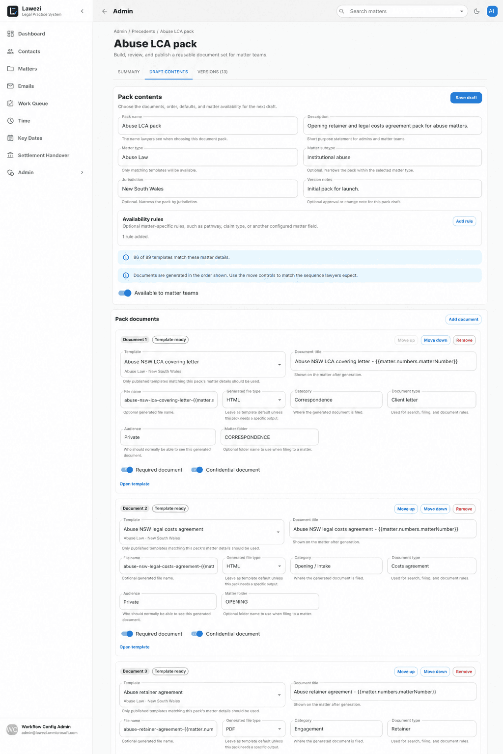 Lawezi precedent pack screen showing grouped templates for matter-aware document generation.