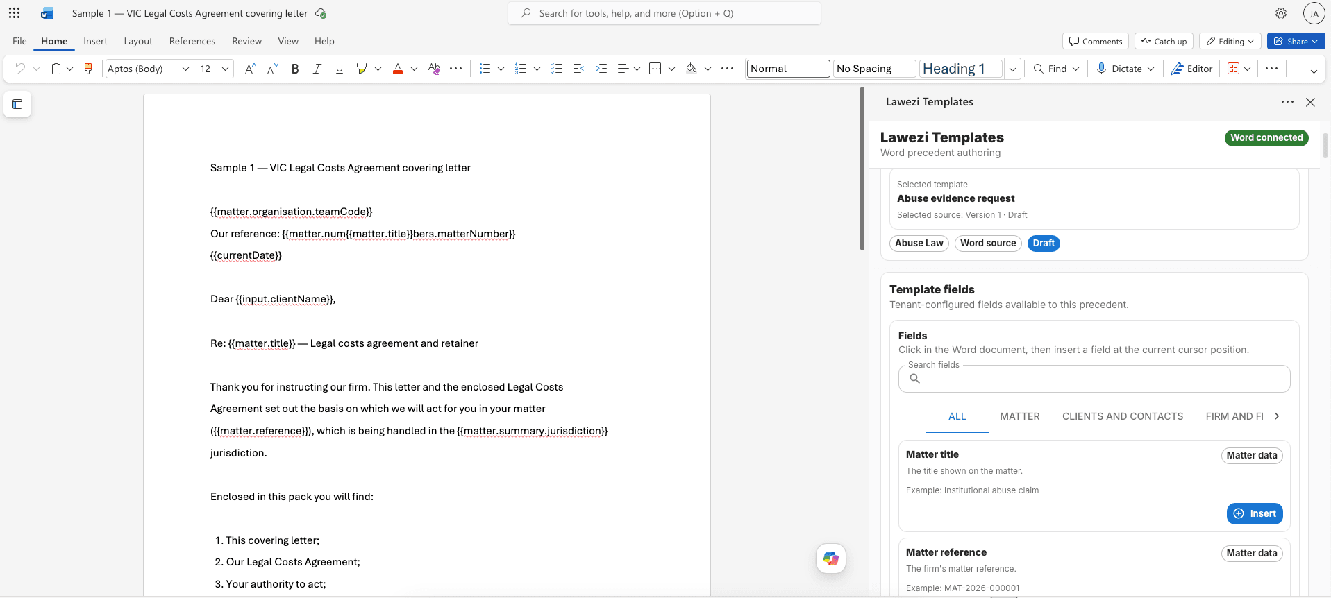 Lawezi Word add-in for preparing precedent templates with matter-aware merge fields.